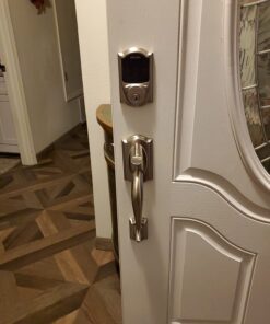 SCHLAGE Connect Camelot Touchscreen Deadbolt with Built-In Alarm and Handleset Grip with Accent Lever, Satin Nickel, FE469NX ACC 619 CAM RH, Works with Alexa Right Camelot 30 71igrQK7EL