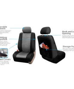FH Group Classic PU Leather Pair Set Car Seat Covers, Airbag Compatible with Gift - Universal Fit for Cars Trucks & SUVs (Gray/Black) PU002102 Gray 16 71j R5CxQJL