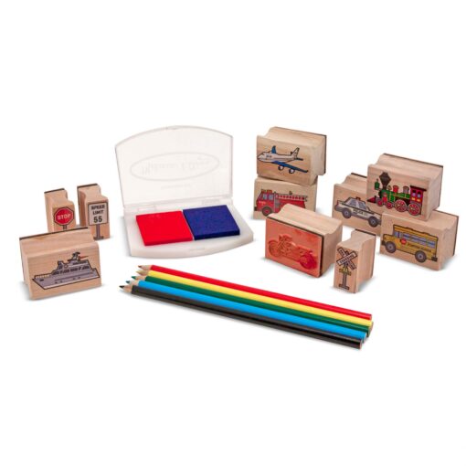 Melissa & Doug Wooden Stamp Set: Vehicles - 10 Stamps, 5 Colored Pencils, 2-Color Stamp Pad Standard Version