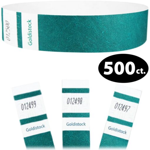 Heavier Tyvek Wristbands 7.5 Mil - Goldistock Select Series Teal (Blue/Green) 500 Count - ¾” Arm Bands - Paper-Like Party Armbands - Fan-Folded (Better Security) - Extra Durable Wrist Bands for Event #06 - Teal