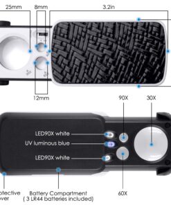Jewelry Loupe Magnifier with UV LED Light, AFUNTA 30X 60X 90X Slide Out Pocket Magnifying Glass (Black & White) Black & White 11 71jPfpEjPeL