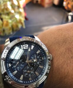 GUESS Stainless Steel Stain Resistant Silicone Watch with Day, Date + 24 Hour Military/Int'l Time Blue/Blue/Silver Tone 43 71jUBP2yqpL