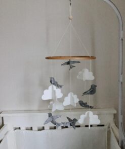Sorrel + Fern Baby Crib Mobile (Birds and Clouds) - Felt Nursery Ceiling Decoration and Baby Shower for Girls & Boys - Grey & White Birds & Clouds 46 71jWYOj2OTL