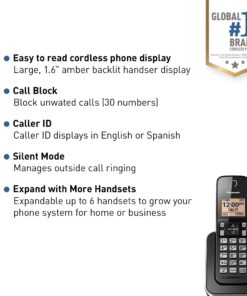 Panasonic Expandable Cordless Phone System with Amber Backlit Display and Call Block – 1 Handset – KX-TGC350B (Black) 13 71jZ88vinL