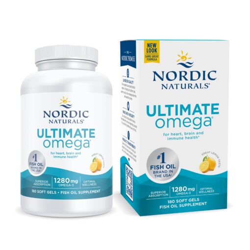 Nordic Naturals Ultimate Omega, Lemon Flavor - 180 Soft Gels - 1280 mg Omega-3 - High-Potency Omega-3 Fish Oil with EPA & DHA - Promotes Brain & Heart Health - Non-GMO - 90 Servings 180 Count (Pack of 1)