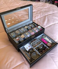 SONGMICS 12-Slot Watch Box, Lockable Watch Case with Glass Lid, 2 Layers, with 1 Drawer for Rings, Bracelets, Gift Idea, Black Synthetic Leather, Gray Lining UJWB012 Black + Gray 12 Slot 42 71k5bKZ5IL