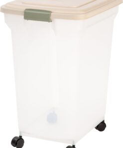 IRIS USA 55 Lbs / 67 Qt WeatherPro Airtight Pet Food Storage Container with Attachable Casters, For Dog Cat Bird and Other Pet Food Storage Bin, Keep Pests Out, Translucent Body, Almond/Clear Clear/Almond 36 71k8tFl5vrL 1