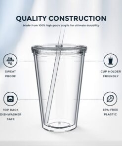 Maars Drinkware Bulk Double Wall Insulated Acrylic Tumblers with Straw and Lid (Set of 12), 16 oz, Clear 12 Count (Pack of 1) 23 71kD3HB9uL