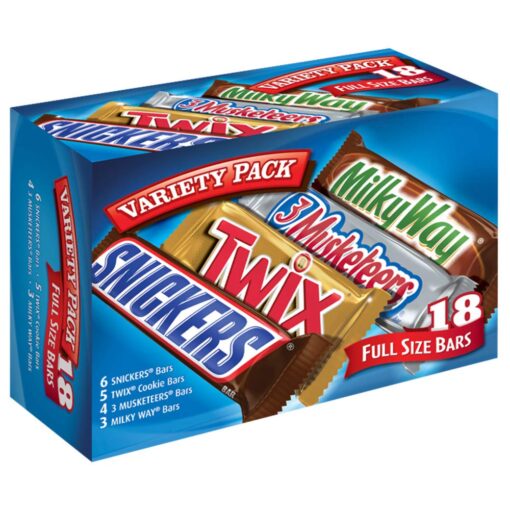 Mars SNICKERS, TWIX, 3 MUSKETEERS & MILKY WAY Full Size Christmas Candy Chocolate Bar Variety Box, 18 ct Bulk Candy 18 Count (Pack of 1)