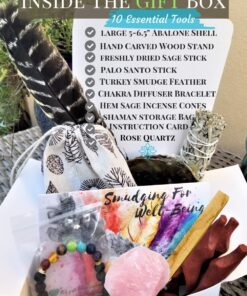 Smudge Kit Spiritual Set, Large Abalone Shell, Complete Sage Smudge Stick Kit, Palo Santo, White Sage Incense for Cleansing, Smudge Feather,Chakra Kit Bracelet, Charitable Positive Vibes Smudging Kit 30 71ksobGi2RL