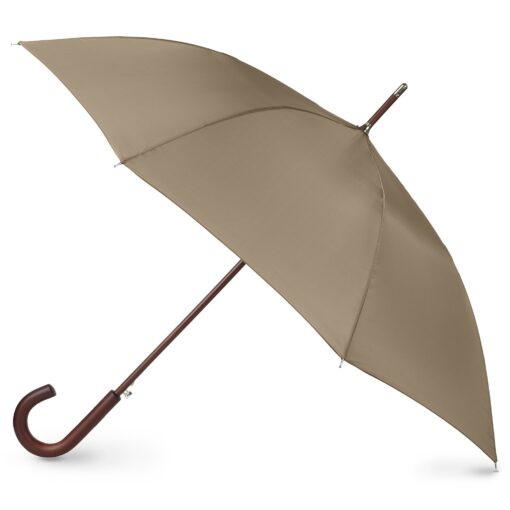 Totes Eco Auto Open Umbrella Classic Wooden J Stick Handle with Easy Grip - Windproof, Rainproof and Durable Canopy Design – Versatile Travel, Perfect for Rainy Days Beige