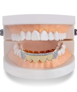 TOPGRILLZ 14K Gold Plated Iced Out CZ Top and Bottom Vampire Fangs Werewolf Grillz for Your Teeth Hip Hop Halloween Accessory Gold Bottom 11 71ktsUauxL