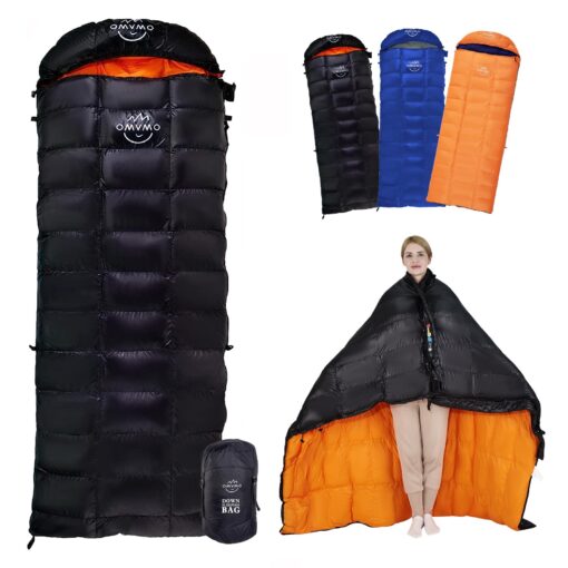 OMVMO -10°F 0°F 10°F 15°F 650FP/800 FP Rectangle Duck/Goose Down Sleeping Bag for Adults,Ultralight Wearable 4 Season Envelope Sleeping Bag for Camping,Can be Used as a Down Blanket Duvet or Cloak Black/-10℉/Left Zipper Regular(Fits up to 6'0'')