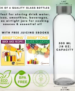 Alternative view of Brieftons Glass Water Bottles With Caps: Clear, 6 Pack, 18 Oz, Leakproof Lids, Premium Soda Lime, Best As Reusable Drinking Bottle, Sauce Jar, Juice Beverage Container, Kefir Kit, With Cleaning Brush