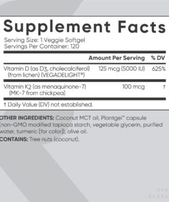 Sports Research Vitamin D3 + K2 with 5000iu of Plant-Based D3 & 100mcg of Vitamin K2 as MK-7 - Vegan Certified & Non-GMO Verified - 120 Softgels 120 Count (Pack of 1) 22 71lSLrlg8NL