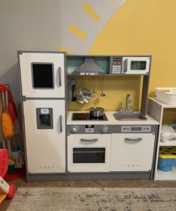 Amazon Basics Kids Upright Wooden Kitchen Toy Playset with Stove, Oven, Sink, Fridge and Accessories, for Toddlers, Preschoolers, Children Age 3+ Years, White & Gray, 39"L x 11.8"W x 39'H' Upright Kitchen 28 71lTkJCPEsL 1
