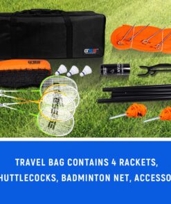 GSE Outdoor Portable Badminton Complete Net Set for Backyard Lawn, Beach, Park with Family & Friends. Including Badminton Net System, 4 Badminton Rackets, 3 Shuttlecocks and Carrying Bag Professional Badminton Set 14 71lXnX7w3LL