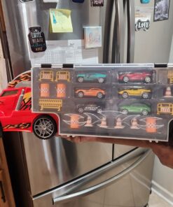 Amazon Basics Toy Car Carrier Truck With Storage For Kids Ages 3 and Up, 6-Pieces Diecast Vehicles & 16 Accessories, Multicolor, Medium 63 71lad328CyL