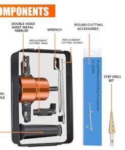 REXBETI Double Headed Sheet Metal Nibbler, Drill Attachment Metal Cutter with Extra Punch and Die, 1 Cutting Hole Accessory and 1 Step Drill Bit, Perfect for Straight Curve and Circle Cutting (Gold) 25 71lfGojcSrL