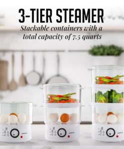 Alternative view of OVENTE 3 Tier Electric Food Steamer for Cooking Vegetable and Healthy Meals, Stackable and Dishwasher Safe Baskets, 400W with Auto Shutoff and 60-Minute Timer, 7.5 Quart Capacity, White FS53W 3-Tier