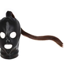 HOT TIME BDSM PU leather Adjustable Pony Tail Holes Hood Mask With Long Hair Halloween Cosplay Head Mask Open Eyes Mouth for Mask Hair Holes Costume 9 71m1 3VNQyL