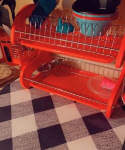 2 Tier Dish Drainer, By Home Basics (Red) Dish Rack For Kitchen Counter, With Cutlery Holder and Cup Slots Red 44 71m2EkOCesL