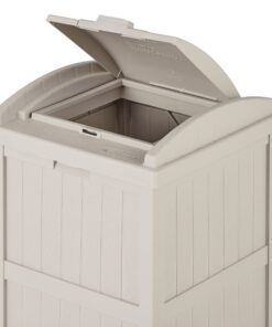 Suncast 33 Gallon Hideaway Trash Can for Patio - Resin Outdoor Trash with Lid - Use in Backyard, Deck, or Patio - Taupe 1 Pack 23 71mAlneNN6L