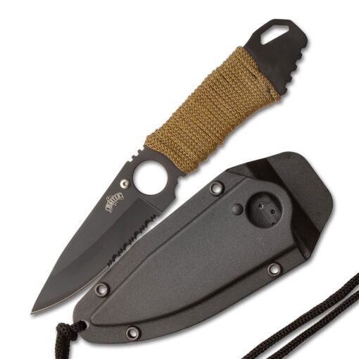 Master USA MU-1121 Series Tactical Fixed Blade Neck Knife, Half-Serrated Blade, 6-3/4-Inch Overall Cord Handle Olive Green