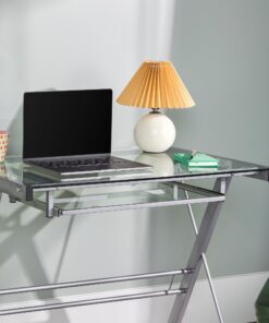 Walker Edison Metal and Glass Work From Home Laptop Computer Gaming Desk with Slide In Keyboard Tray Home Office, 31 Inch, Silver Single Desk Stanford 35 71mMVeWOwdL