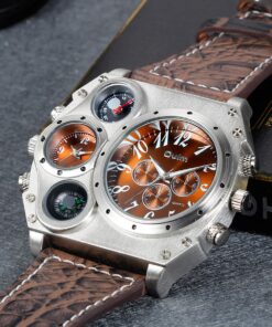 Men's Watch Oversize Steampunk Dual Time Zone Four Dial Big Face Soft Leather Band Policy Army Compass Thermometer Decorative Dial Cool Wrist Watch Christmas brown 14 71mQhSbBYIL