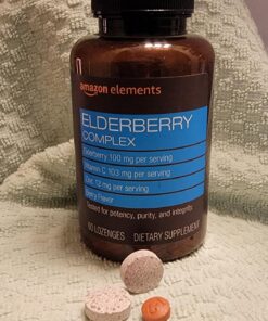 Amazon Elements Elderberry Complex, Immune System Support Tablet, Berry Flavored Lozenges, Adult, Unisex, 60 Count, Elderberry 100mg, Vitamin C 103mg, Zinc 12mg per Serving (Packaging may vary) 33 71mb1mSOoAL