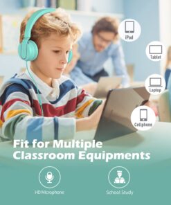 Kids Headphones, AILIHEN I35 On-Ear Headphones for School, 93dB Headphones Boy Girl, 3.5mm Wired Mic for Chromebook, Laptop (Green/Purple) Blue 28 71mbKyT7L3L