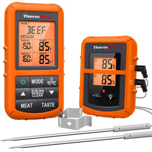 ThermoPro TP20 500FT Wireless Meat Thermometer with Dual Meat Probe, Digital Cooking Food Meat Thermometer Wireless for Smoker BBQ Grill Thermometer Orange