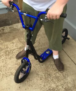 Mongoose Expo Youth Kick Scooter, Suggested for Riders with Ages 6 to 9 Years Old, Max. Weight of 175 lbs., Front and Rear Caliper Brakes, Rear Axle Pegs, 12-Inch Inflatable Wheels Black/Blue 34 71mgSj2Qn9L