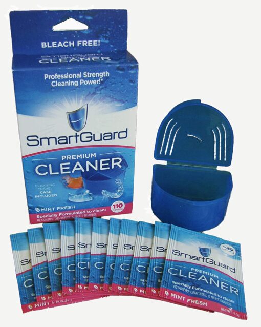 SmartGuard Premium Cleaner Crystals & Cleaning Case -(110 Cleanings)- Removes Stain, Plaque, & Bad Odor from Clear Braces, Dentures, Night Guards, Mouth Guard, & Retainers.