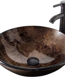 ELECWISH Bathroom Vessel Sink with Faucet Mounting Ring and Pop Up Drain 16.5 Inch Tempered Glass Basin (Brown) Brown 33 71myafTUnnL