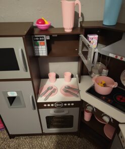 Amazon Basics Kids Corner Wooden Kitchen Toy Playset with Stove, Oven, Sink, Fridge and Accessories, for Toddlers, Preschoolers, Children Age 3+ Years, Espresso/Gray, 39.37"L x 28.35"W x 35.04"H Corner Kitchen 41 71n33NSMymL