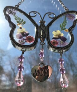 Mom Butterfly Suncatcher with Pressed Flower Wings and Silver Heart Charm - Hanging Height 8" 1 29 71n5R2u6CPL