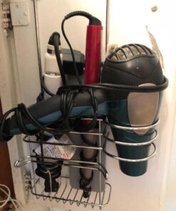 mDesign Metal Bathroom 2 Section Storage Tool Organizer Basket Tray - Hang Over Cabinet Door - Storage for Hair Dryer, Straightener, Curling Iron, Styling Products - Concerto Collection - Chrome 27 71nGF7yUCdL