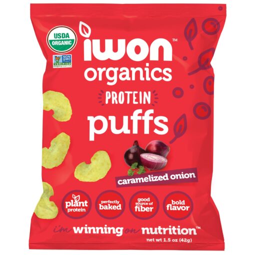 IWON Organics Caramelized Onion Flavor Protein Puff, High Protein and Organic Healthy Snacks, 8 Bags