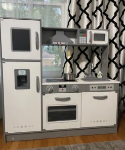 Amazon Basics Kids Upright Wooden Kitchen Toy Playset with Stove, Oven, Sink, Fridge and Accessories, for Toddlers, Preschoolers, Children Age 3+ Years, White & Gray, 39"L x 11.8"W x 39'H' Upright Kitchen 39 71nLg4kbsTL 1
