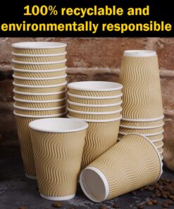 SPRINGPACK Disposable Paper Coffee Cups with Lids, 100 pack 12 oz Ripple Wall Insulated To Go Coffee Cups for Hot/Cold Beverage, Recyclable Takeaway Drinking Cups for Home Office Cafe Party 32 71nPsMncm L