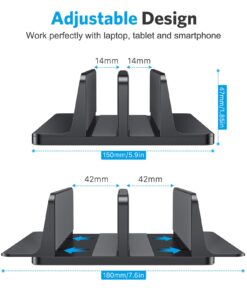 OMOTON [Updated Dock Version Vertical Laptop Stand, Double Desktop Stand Holder with Adjustable Dock (Up to 17.3 inch), Fits All MacBook/Surface/Samsung/HP/Dell/Chrome Book (Black) Black 26 71nQdUA9NnL