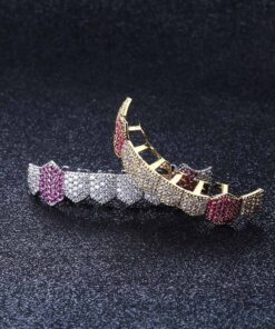 JINAO 18K Gold Plated Gold Finish 8 Top Teeth 8 Bottom Tooth Hip Hop Mouth Grills for Men and Women Gold Pink 12 71nWCR5 O3L