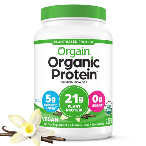 Orgain Organic Vegan Protein Powder, Vanilla Bean - 21g Plant Based Protein, Gluten Free, Dairy Free, Lactose Free, Soy Free, No Sugar Added, Kosher, For Smoothies & Shakes - 2.03lb 20 Servings (Pack of 1)