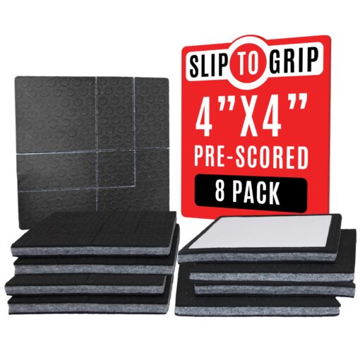 SlipToGrip Non Slip Furniture Gripper Pads | Non Skid Surface Pads Stop Sliding | Pre-Scored Multi Pack with 3/8" Felt Core (8 Pads) | Create Custom Sizes 4", 2", 1" | Anti Slip Rubber Protects Floors Square 8 pack