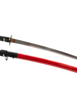 Alternative view of Handmade Sword - Samurai Katana Sword, Battle Ready, Hand Forged, 1045 Carbon Steel, Heat Tempered, Full Tang, Sharp, Fudo Myoo Tsuba, Fudo Myoo Engraving on The Blade, Red/Black Wooden Scabbard