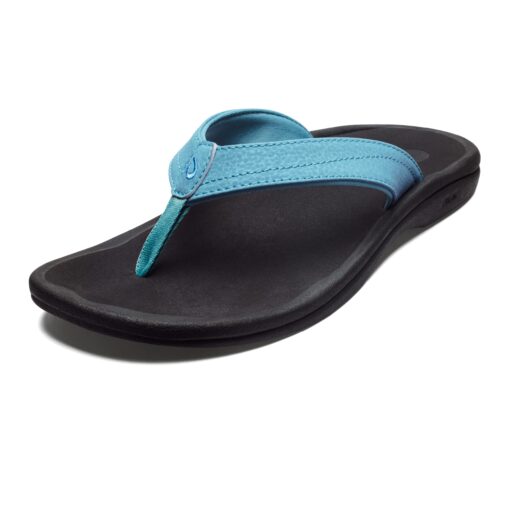 OLUKAI Ohana Women's Beach Sandals, Quick-Dry Flip-Flop Slides, Water Resistant, Wet Grip Soles & Compression Molded Footbed 5 Blue Mist/Black