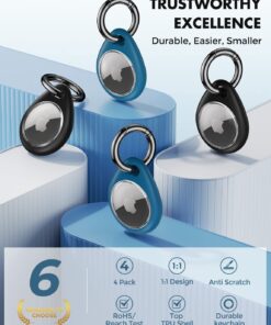 Alternative view of UNBREAKcable Apple AirTag Holder - 4 Pack [Fit Tightly Design] [Easy to Install] [Hold Air Tag Securely] Waterproof TPU Shell Protective Case with All Metal Keychain Key Ring Clip Black & Blue