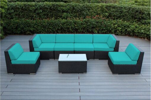 Ohana 7-Piece Outdoor Patio Furniture Sectional Conversation Set, Black Wicker with Turquoise Cushions - No Assembly with Free Patio Cover